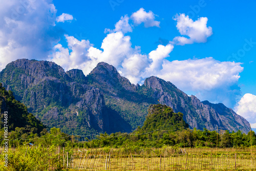 Mountain landscape with tropical jungle rocks in Vang Vieng Laos. photo