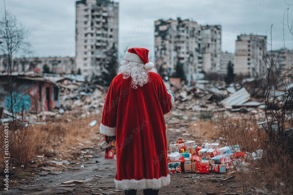 Fototapeta premium Santa Claus, holding a stack of colorful presents, stands in the midst of a devastated urban landscape, surrounded by damaged buildings and rubble.
