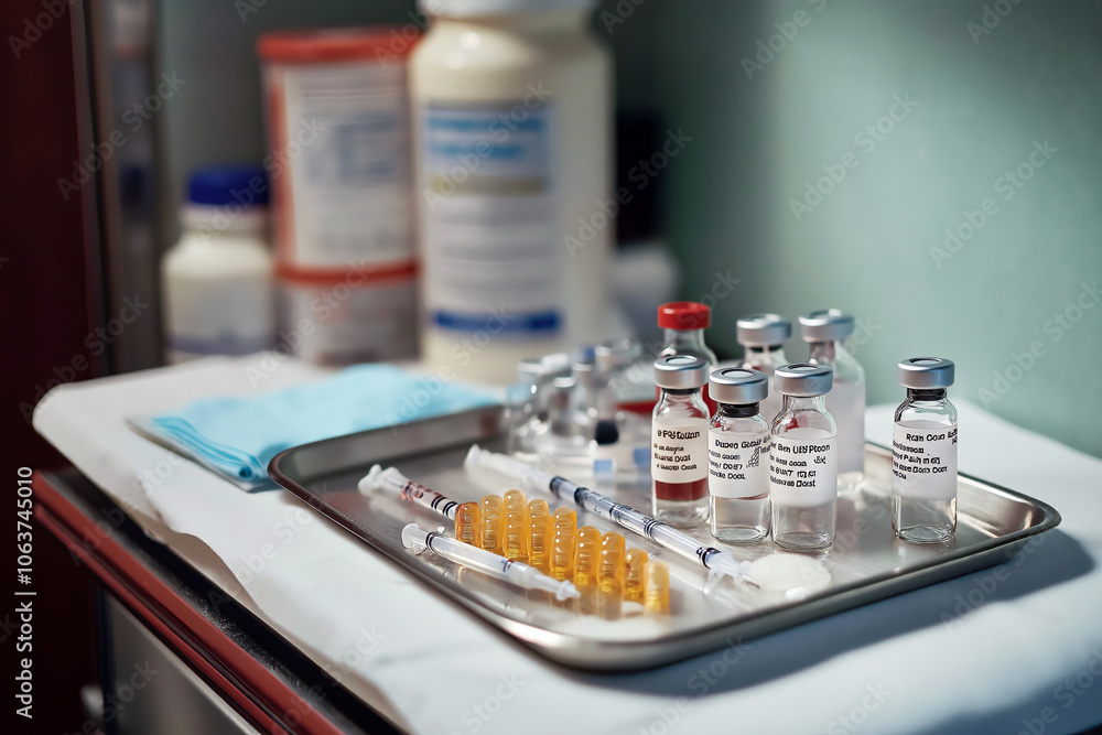 Selection of small medicine vials, syringes, and single-dose injections on a sterile tray in a hospital room. Selection of small medicine vials, syringes, and single-dose injections on a sterile tray in a hospital room.