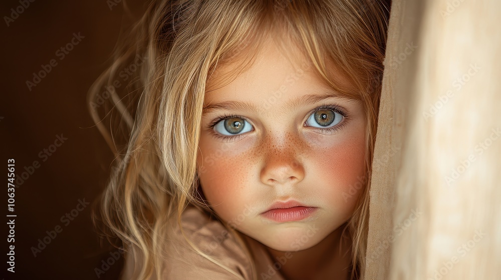 A young girl gazes quietly through a narrow passageway, embodying the contemplative stillness and innocence of childhood, framed by soft lighting and textures. A young girl gazes quietly through a narrow passageway, embodying the contemplative stillness and innocence of childhood, framed by soft lighting and textures.