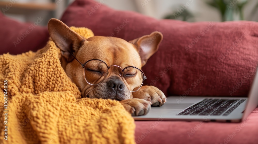 A charming French Bulldog wears glasses and sleeps peacefully on a cozy, mustard yellow blanket beside a laptop, embodying a cozy and humorous moment of relaxation. A charming French Bulldog wears glasses and sleeps peacefully on a cozy, mustard yellow blanket beside a laptop, embodying a cozy and humorous moment of relaxation.