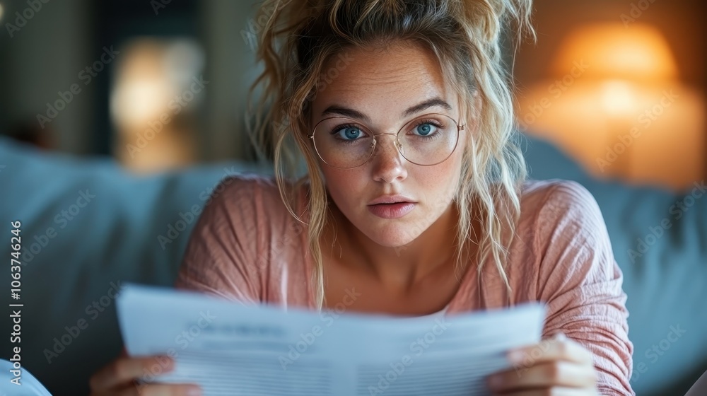 A woman wearing glasses focused on reading in a casual setting. Her hair is messy, and she wears a comfortable shirt, adding to the relaxed ambiance of the scene. A woman wearing glasses focused on reading in a casual setting. Her hair is messy, and she wears a comfortable shirt, adding to the relaxed ambiance of the scene.
