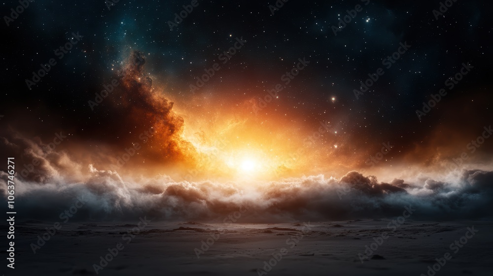 A breathtaking cosmic scene capturing the glow of dawn over a misty cloud landscape, set against a star-filled space backdrop. Evokes feelings of wonder and exploration. A breathtaking cosmic scene capturing the glow of dawn over a misty cloud landscape, set against a star-filled space backdrop. Evokes feelings of wonder and exploration.