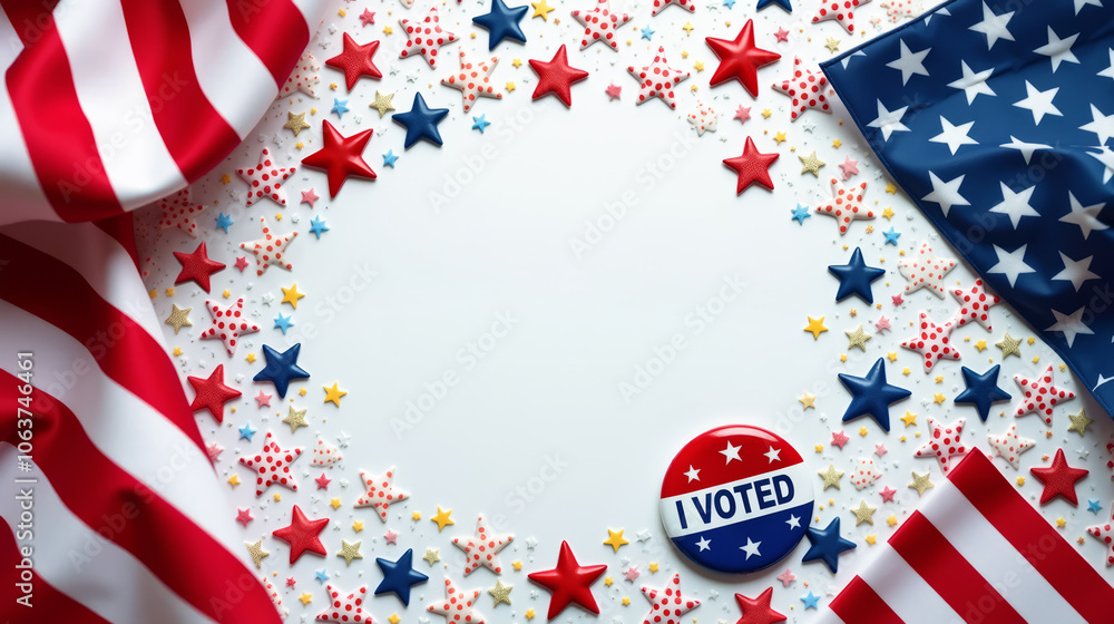 Obraz premium Composition of stars and US flags in red, white and blue, next to an I Voted button. Illustration of Background with US Flag and I Voted Pin for USA Elections 2024.