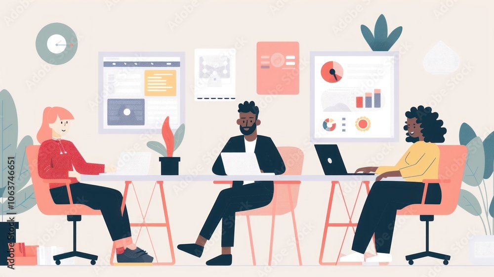 Three people are sitting at a table in a cubicle Three people are sitting at a table in a cubicle