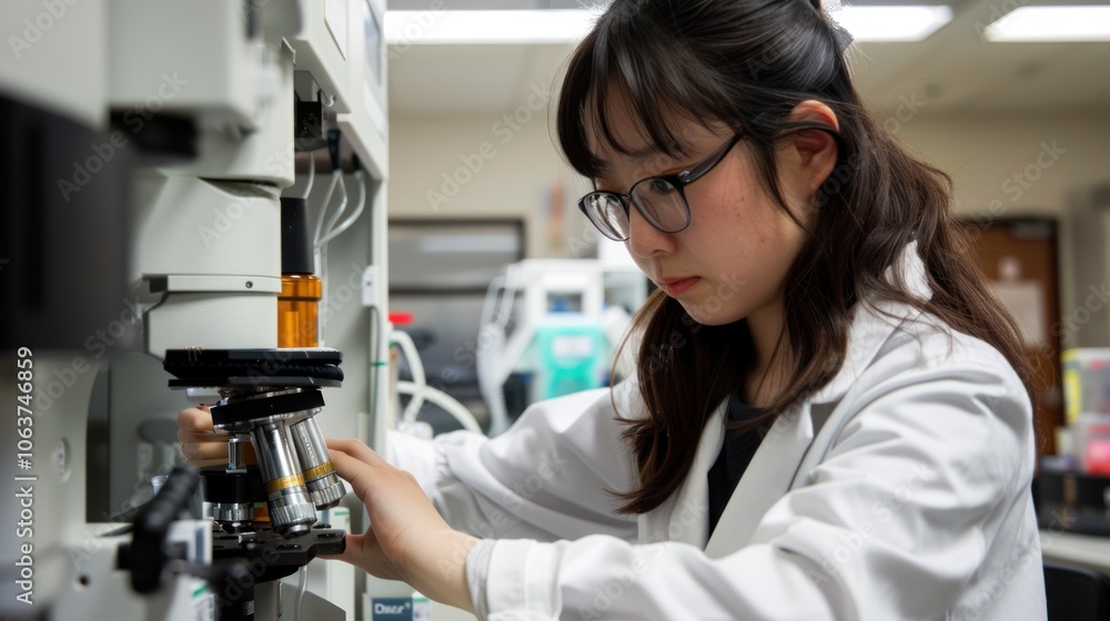 A woman in a lab coat is looking through a microscope A woman in a lab coat is looking through a microscope