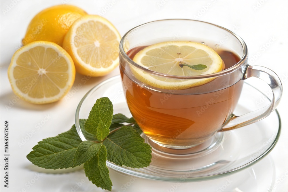 Cup of aromatic tea with lemon slice and mint leaves on white background, good start of day, healthy drink, vitaminized drink Cup of aromatic tea with lemon slice and mint leaves on white background, good start of day, healthy drink, vitaminized drink