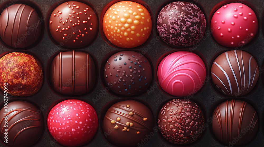 Gourmet assorted round chocolates with vibrant designs Gourmet assorted round chocolates with vibrant designs