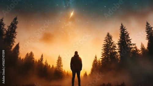 A lone figure stands amidst a forest, staring at a shooting star piercing the mystical night sky, igniting feelings of wonderment and cosmic reflection. photo