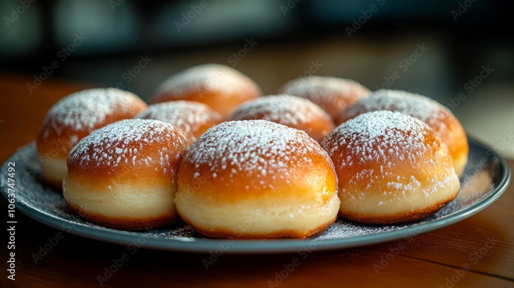 A close-up shot of a plate of freshly baked, golden brown donuts dusted with powdered sugar, a sweet treat perfect for any occasion. A close-up shot of a plate of freshly baked, golden brown donuts dusted with powdered sugar, a sweet treat perfect for any occasion.