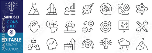 A set of line icons related to Mindset. Goal, struggle, growth, development, psychology, believe, strategy, skill, emotions, and so on. Vector editable stroke.