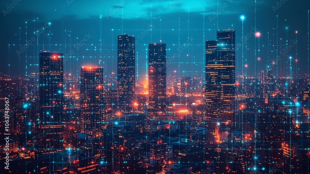 A striking city view illuminated by a digital networking grid overlay, blending the architectural elegance of skyscrapers with technological advancements in a dynamic scene. A striking city view illuminated by a digital networking grid overlay, blending the architectural elegance of skyscrapers with technological advancements in a dynamic scene.