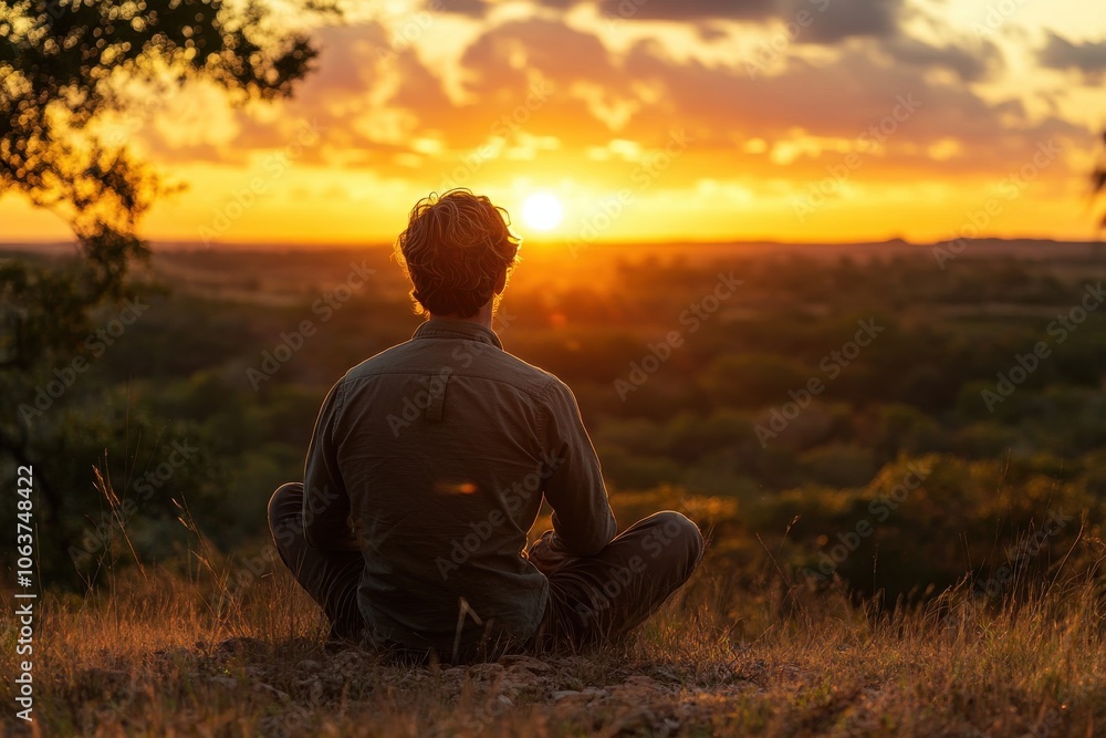 Man Gazing at Sunset in Serene Natural Setting Man Gazing at Sunset in Serene Natural Setting