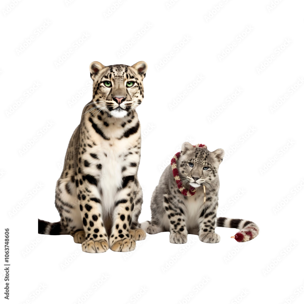 Adult and Baby Snow Leopards Sitting Together Adult and Baby Snow Leopards Sitting Together