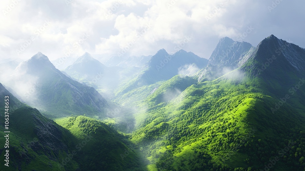 Obraz premium Top view of a lush green valley on a summer sunny day. Panoramic view with mountain ranges on the horizon. Nature background. Illustration for cover, card, postcard, interior design, decor or print.