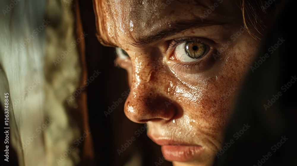 The intense, focused gaze of a sweaty individual is portrayed in close-up, highlighting determination and endurance with detailed textures and dramatic lighting. The intense, focused gaze of a sweaty individual is portrayed in close-up, highlighting determination and endurance with detailed textures and dramatic lighting.