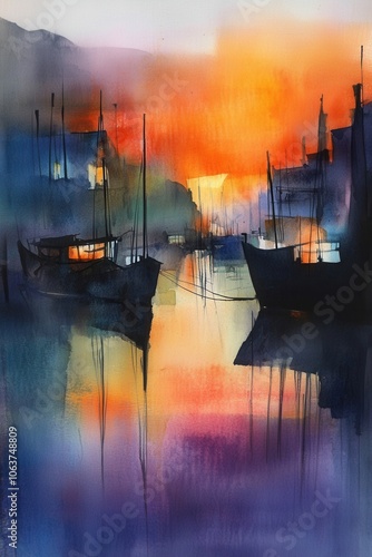 Tranquil sunset harbor with sailboats watercolor painting