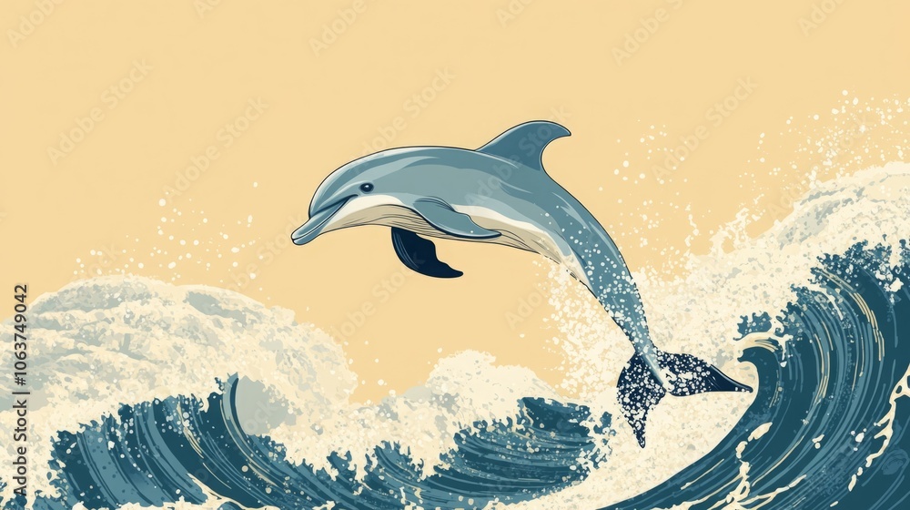 Fototapeta premium A playful dolphin leaps from ocean waves against a soft pastel backdrop.