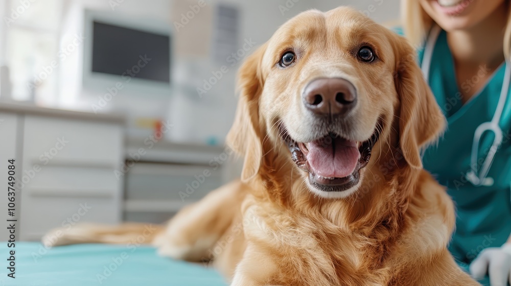 A content Golden Retriever lays comfortably on an exam table as a vet provides care in a clinic, highlighting animal welfare and the bond between pets and vets. A content Golden Retriever lays comfortably on an exam table as a vet provides care in a clinic, highlighting animal welfare and the bond between pets and vets.