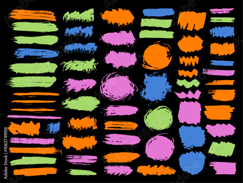 Acrylic graffiti brushstroke vector batch. Freehand inkblot streak modern shapes. Drop stain textured sticker stencil group. Daub ink spots design.