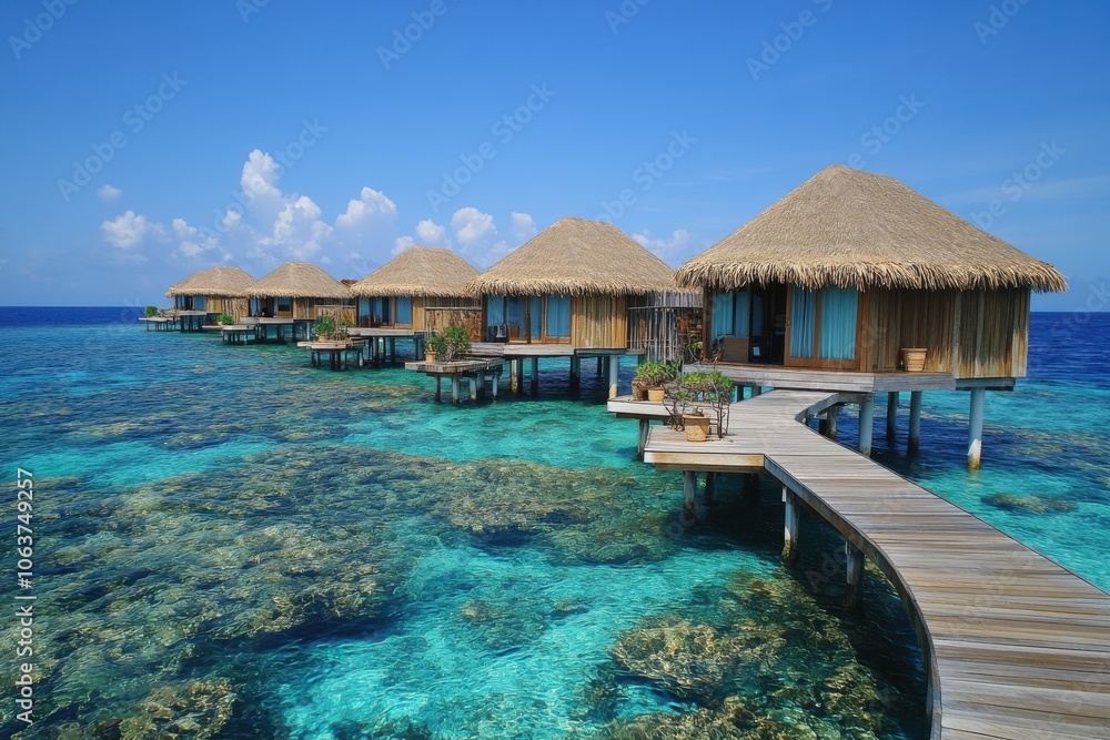 Idyllic Maldives Overwater Bungalows Under Blue Sky Idyllic Maldives Overwater Bungalows Under Blue Sky