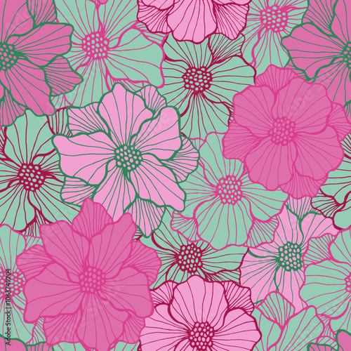 Beautiful rose flower repeating pattern. Hand drawn floral background. Rose b...