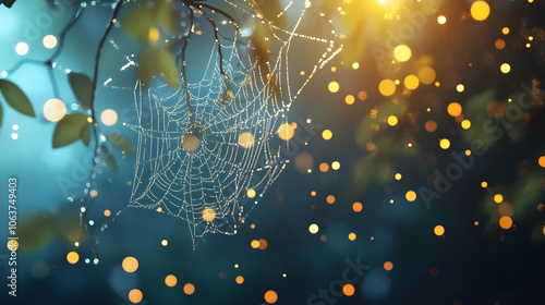 dew laden spider web glistens in soft light, surrounded by nature beauty photo