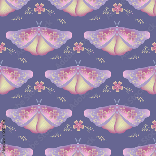 Hawk moth with floral ornamebt on wings vector seamless pattern, hygge textil...
