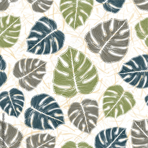 Philodendron plant foliage botanical repeat ornament over noisy background. B...