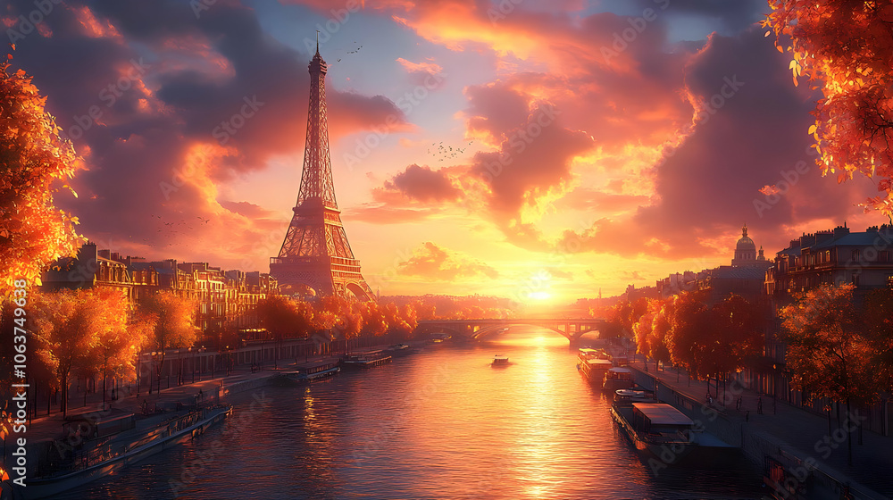 Fototapeta premium Golden Hour Sunset Over City with Tower