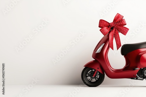 A vibrant red scooter elegantly adorned with a festive bow on a pristine white background