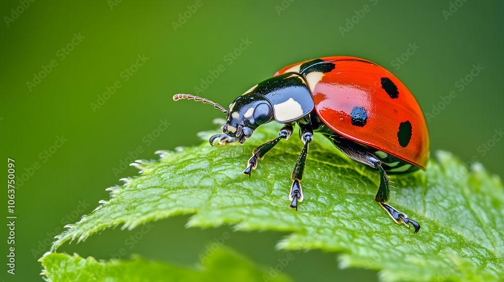 vibrant ladybug perched on green leaf, showcasing vivid colors and details vibrant ladybug perched on green leaf, showcasing vivid colors and details