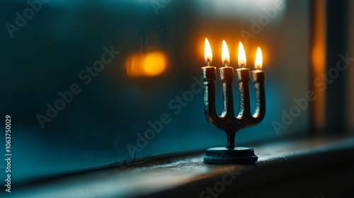 A close-up shot of a menorah with three candles lit, casting a warm glow against a blue background. The menorah is a symbol of hope and light during the holiday season.