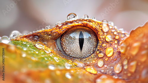 Macro shot of frog eye with dew drops on leaf, showcasing nature beauty