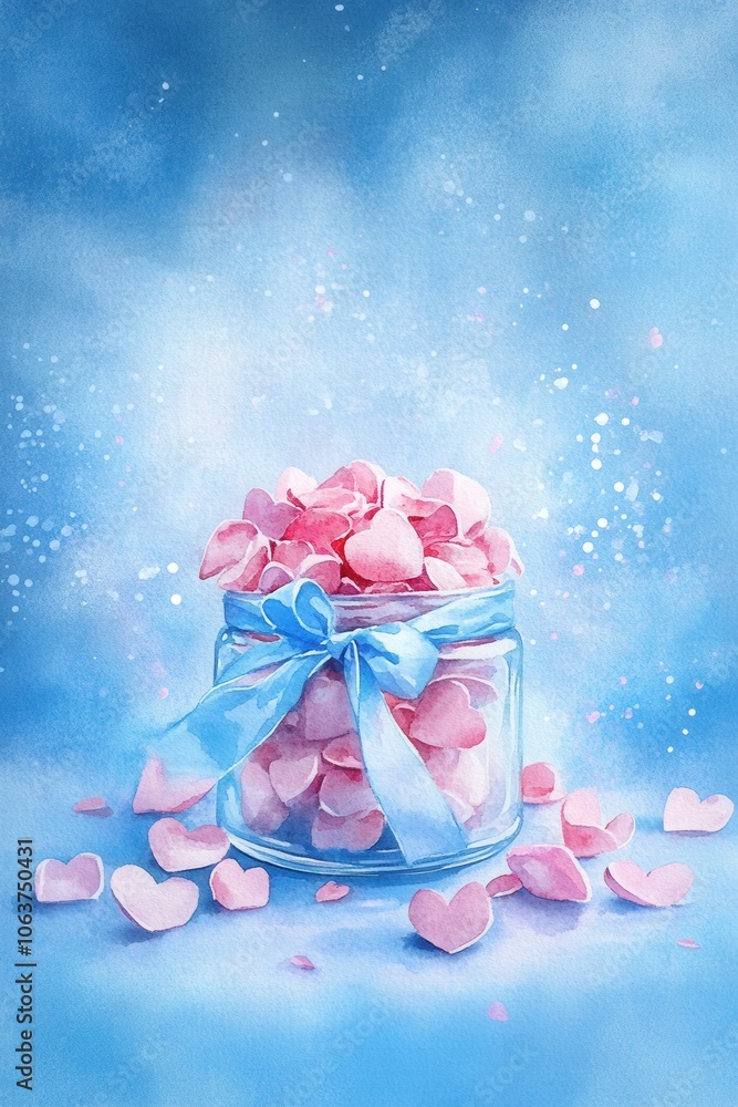 Fototapeta premium Jar of love: hand-drawn watercolor hearts in jar
