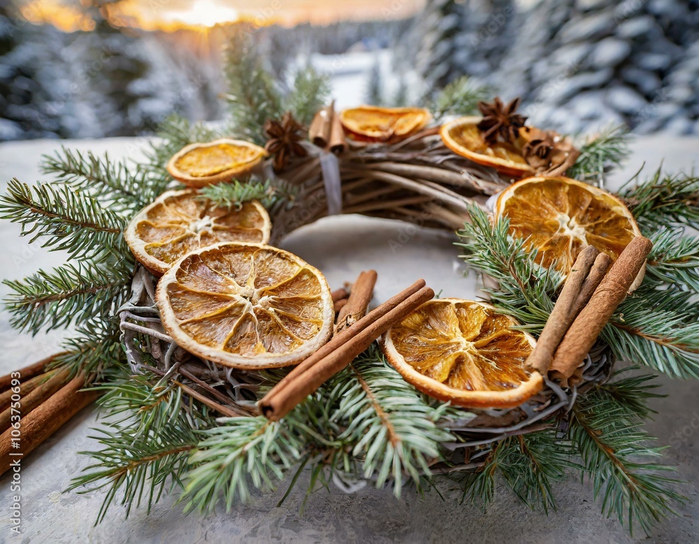 Rustikaler Winterkranz mit getrockneten Orangenscheiben und Zimtstangen Rustikaler Winterkranz mit getrockneten Orangenscheiben und Zimtstangen
