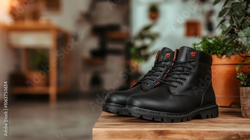 A pair of dark leather boots is showcased with a background of lush green plants, combining rugged durability with a touch of nature for balance. photo