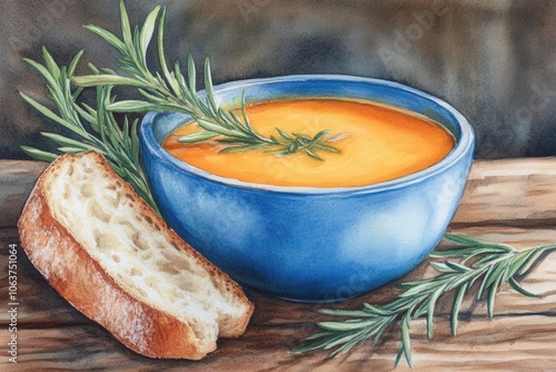 homemade pumpkin soup with fresh bread rosemary on wooden table