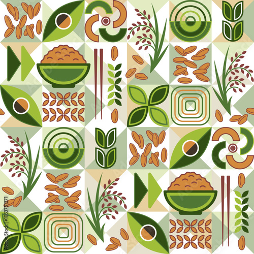 Seamless pattern with icons of brown rice, geometric shapes on mosaic background. For branding, decoration of food package, prints