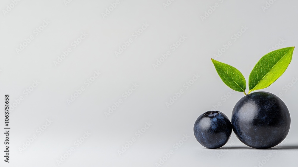 Fresh Blueberry Duo: A pair of ripe blueberries, one with green leaves, sits on a minimalist backdrop, offering a taste of nature's sweetness and a vibrant splash of color. Fresh Blueberry Duo: A pair of ripe blueberries, one with green leaves, sits on a minimalist backdrop, offering a taste of nature's sweetness and a vibrant splash of color.