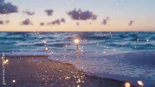 Fototapeta Naklejka Na Ścianę i Meble -  Sparkler glowing on the beach at sunset creating a magical moment by the ocean