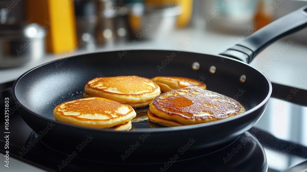 Fluffy Pancakes Cooking in a Modern Kitchen Fluffy Pancakes Cooking in a Modern Kitchen