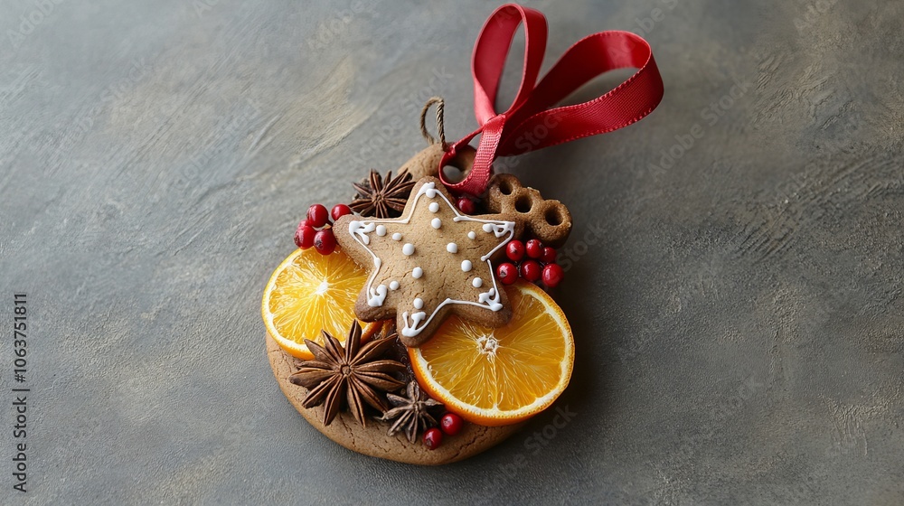 Naklejka premium Homemade Christmas ornament with gingerbread cookies, anise stars, oranges, and berries. A red ribbon adds joy to this festive holiday treat.
