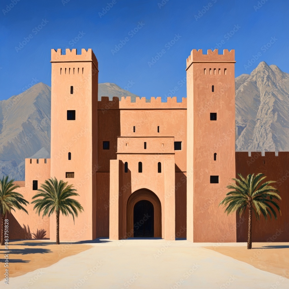 A desert fortress with towers, surrounded by palm trees and mountains. A desert fortress with towers, surrounded by palm trees and mountains.
