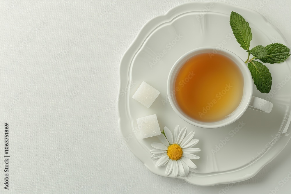 a cup with lemon and mint tea on a white plate, top view. A sugar cube with a piece cut out of it is near it. A small daisy flower lies inside the mug. honey or brown sugar cubes. cup of rosemary tea a cup with lemon and mint tea on a white plate, top view. A sugar cube with a piece cut out of it is near it. A small daisy flower lies inside the mug. honey or brown sugar cubes. cup of rosemary tea