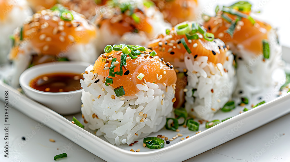 Sushi rice balls. Arranged on a white plate with dipping sauces. Emphasizing presentation and texture. Ideal for Japanese cuisine blogs and food presentations. Sushi rice balls. Arranged on a white plate with dipping sauces. Emphasizing presentation and texture. Ideal for Japanese cuisine blogs and food presentations.