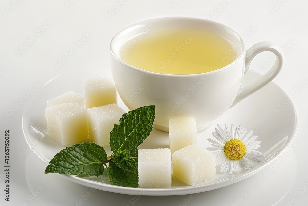a cup with lemon and mint tea on a white plate, top view. A sugar cube with a piece cut out of it is near it. A small daisy flower lies inside the mug. honey or brown sugar cubes. cup of rosemary tea a cup with lemon and mint tea on a white plate, top view. A sugar cube with a piece cut out of it is near it. A small daisy flower lies inside the mug. honey or brown sugar cubes. cup of rosemary tea
