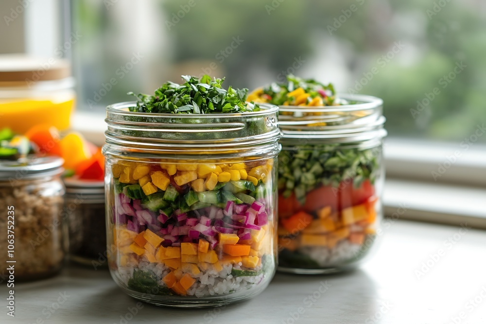 Colorful layered salads in glass jars on windowsill Colorful layered salads in glass jars on windowsill