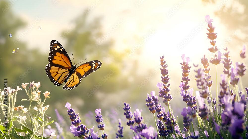 Naklejka premium butterfly gracefully flutters over lavender flowers in sunny garden