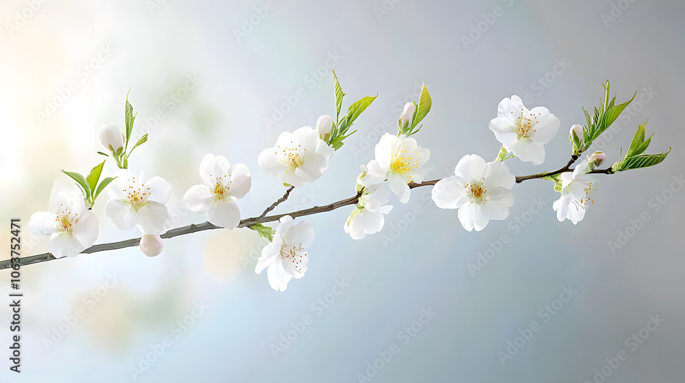 Obraz premium beautiful branch of blooming white cherry blossoms with green leaves